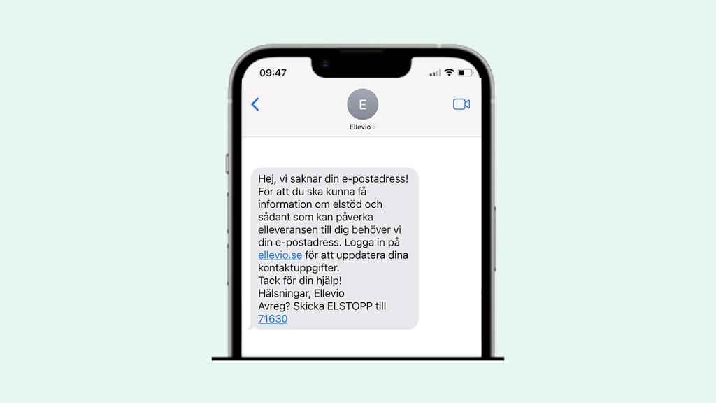 Bild på telefon med sms från Ellevio