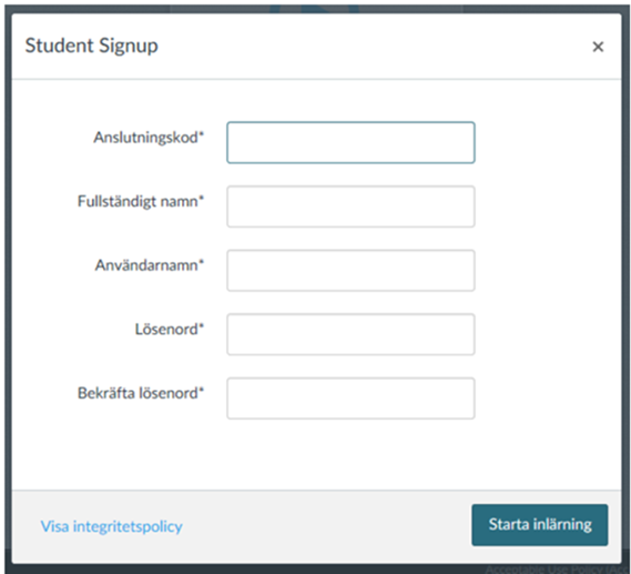 Skärmklipp formulär Student signup
