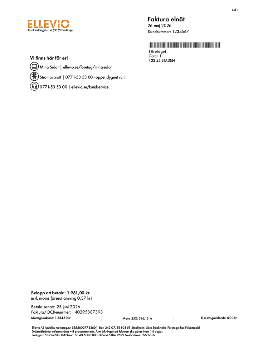 Exempel på elnätsfaktura för företag med markerade delar. Förklaringarna finns i text på sidan.
