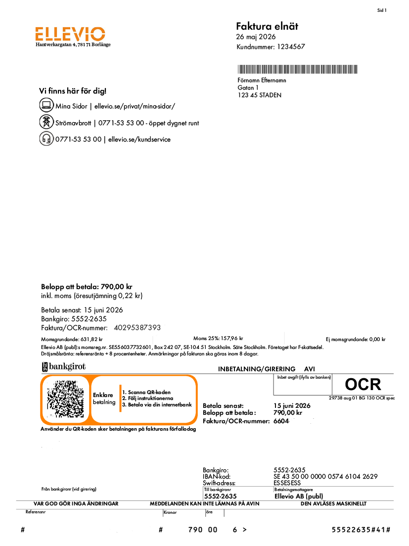 Exempel på elnätsfaktura med markerade delar. Förklaringarna finns i text på sidan.