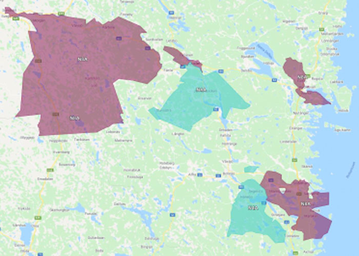 Karta med markering av berörda områden