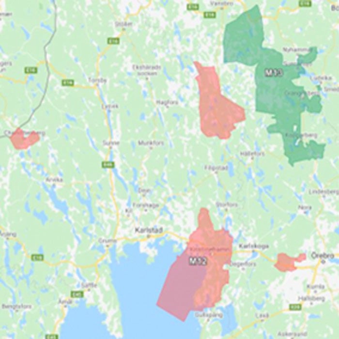 Karta med markering av berörda områden