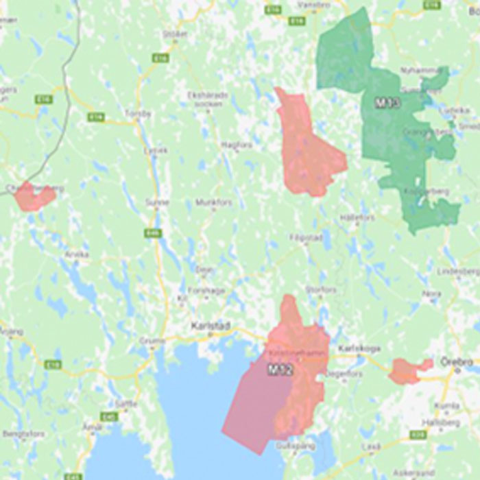 Karta med markering av berörda områden