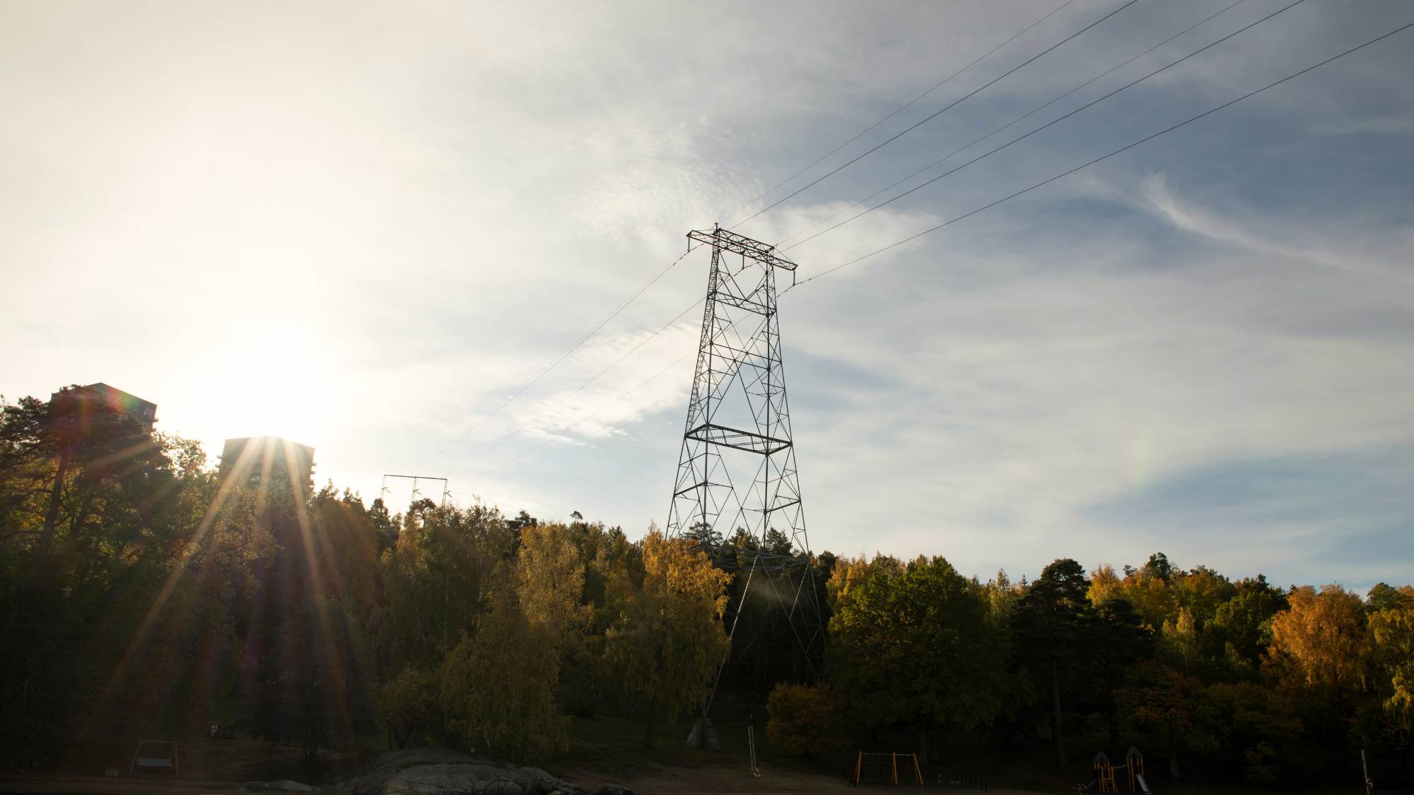 Stor elstolpe i järn, skog, ett hus, himmel.