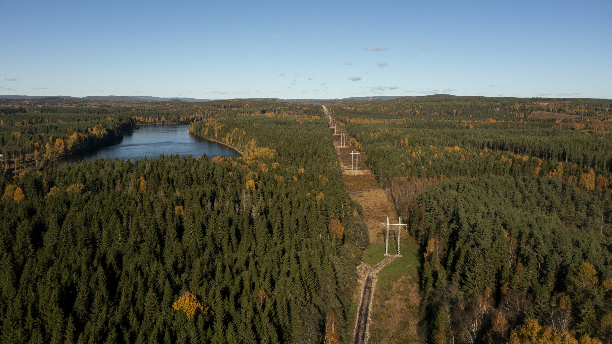 Flygbild &ouml;ver en kraftledningsgata som l&ouml;per genom ett skogslandskap med en sj&ouml; intill.