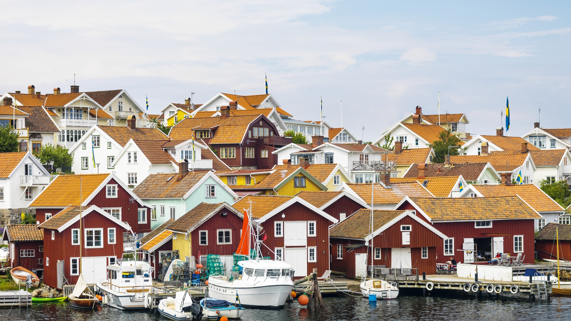 En grupp båtar ligger förtöjda i en hamn.