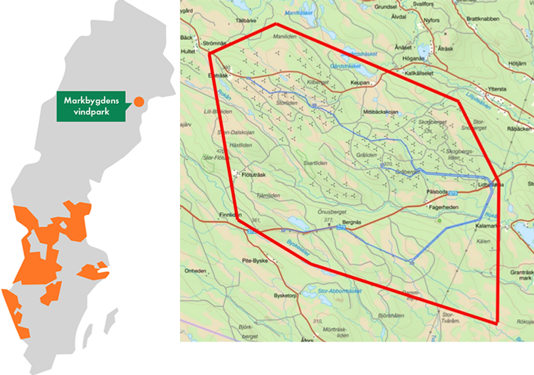 Markbygdens vindpark markerad på Sverigekarta.