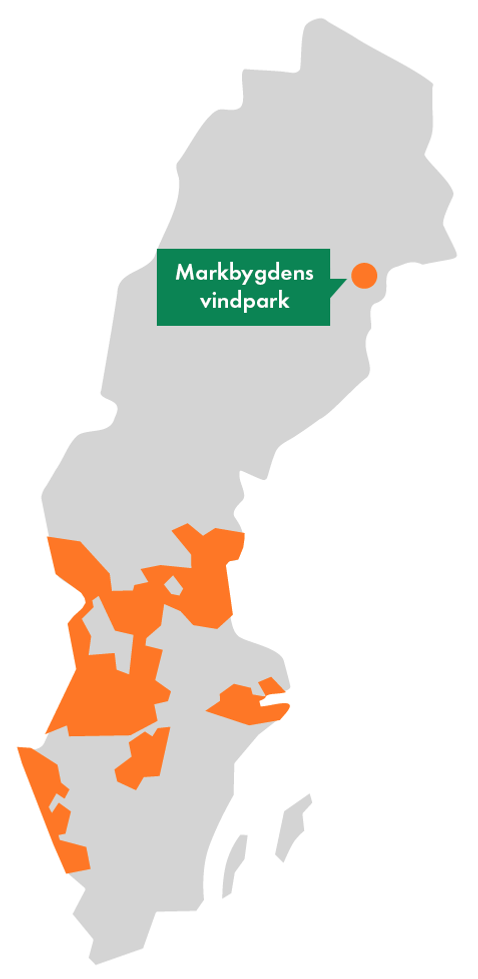 Markbygdens vindpark markerad på Sverigekarta