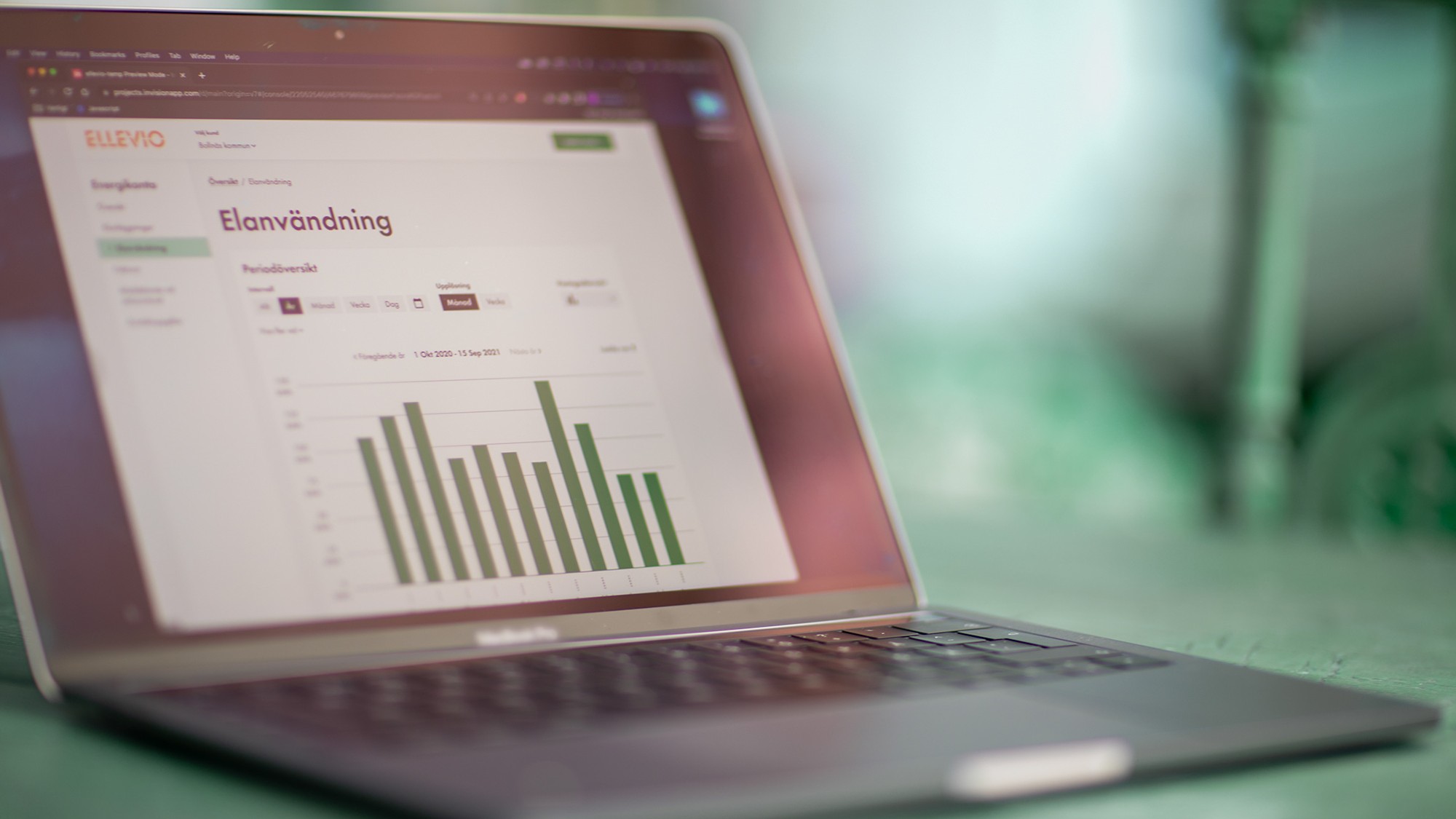 En bärbar dator med grafer och texten "Elanvändning" på skärmen
