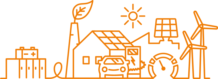 En orange linjeteckning av ett hus och elproduktion.