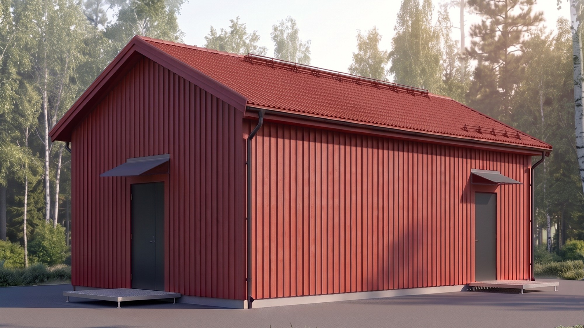 En röd ställverksbyggnad